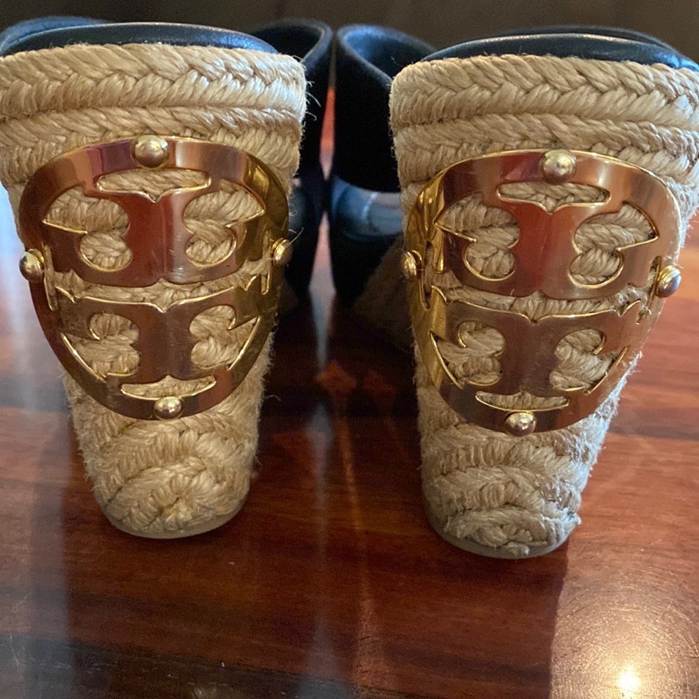 TORY BURCH ESPADRILLE WEDGES- BLACK SUEDE W/GOLD LOGO on Heel. Size 7